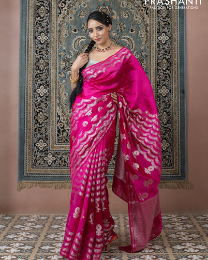 Banarasi poona silk saree pink and orange with zari weaves and zari woven border