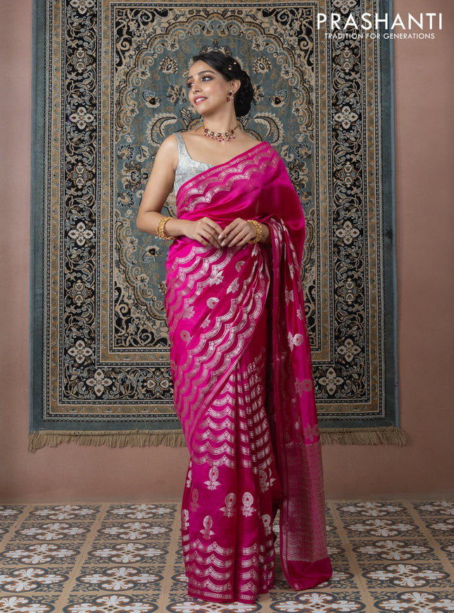 Banarasi poona silk saree pink and orange with zari weaves and zari woven border