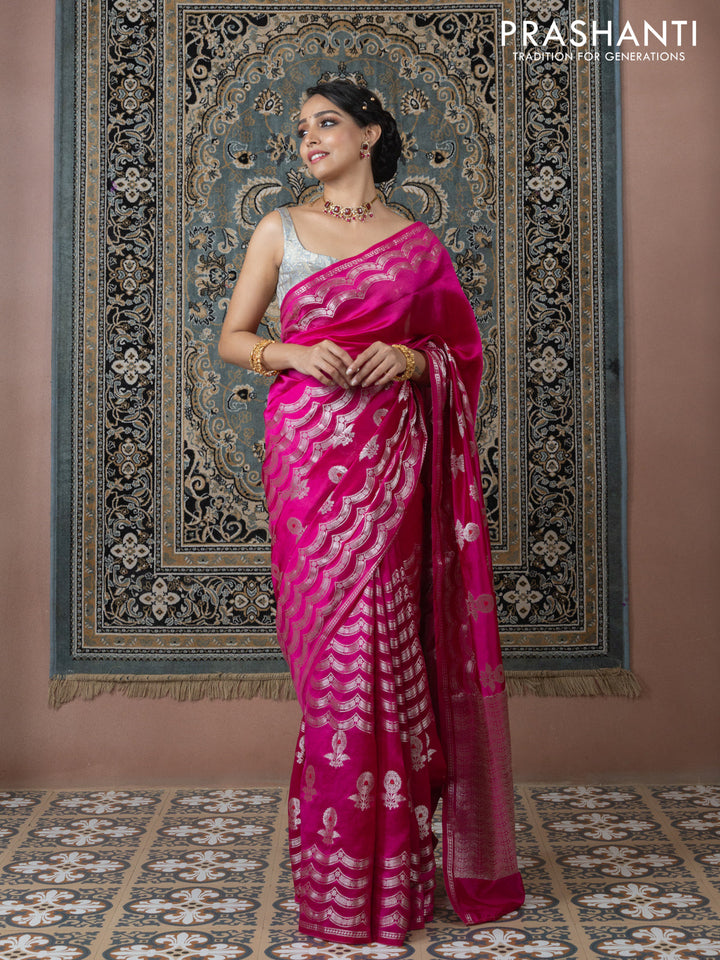 Banarasi poona silk saree pink and orange with zari weaves and zari woven border