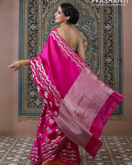 Banarasi poona silk saree pink and orange with zari weaves and zari woven border