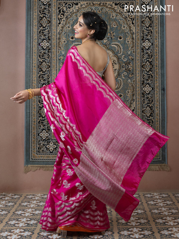 Banarasi poona silk saree pink and orange with zari weaves and zari woven border