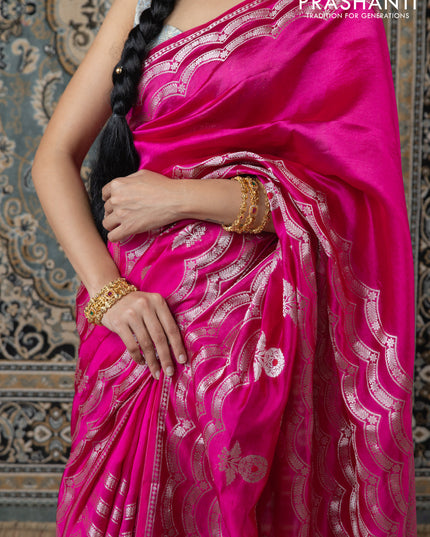 Banarasi poona silk saree pink and orange with zari weaves and zari woven border