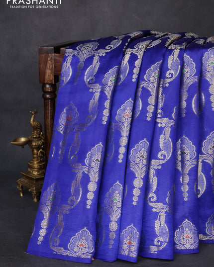 Banarasi poona silk saree blue and mango yellow with allover zari weaves in borderless style