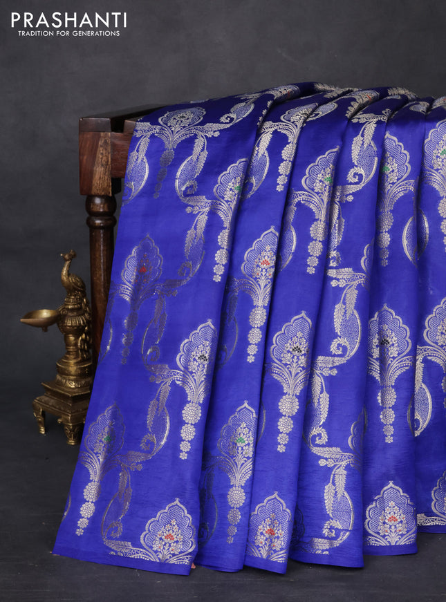 Banarasi poona silk saree blue and mango yellow with allover zari weaves in borderless style