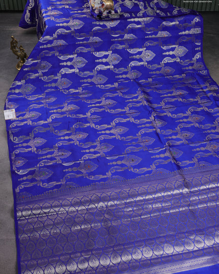 Banarasi poona silk saree blue and mango yellow with allover zari weaves in borderless style