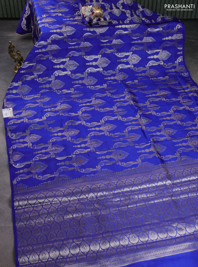 Banarasi poona silk saree blue and mango yellow with allover zari weaves in borderless style
