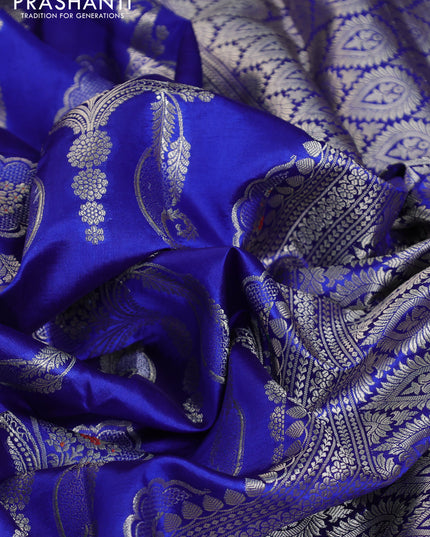 Banarasi poona silk saree blue and mango yellow with allover zari weaves in borderless style