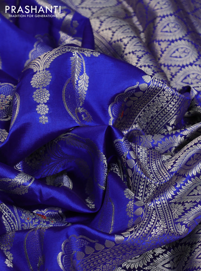 Banarasi poona silk saree blue and mango yellow with allover zari weaves in borderless style