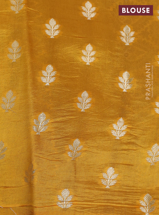 Banarasi poona silk saree blue and mango yellow with allover zari weaves in borderless style