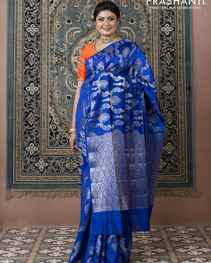 Banarasi poona silk saree blue and mango yellow with allover zari weaves in borderless style