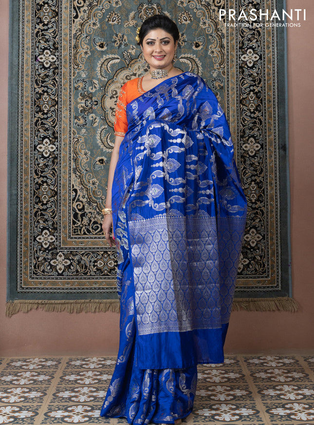 Banarasi poona silk saree blue and mango yellow with allover zari weaves in borderless style