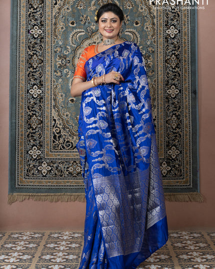 Banarasi poona silk saree blue and mango yellow with allover zari weaves in borderless style