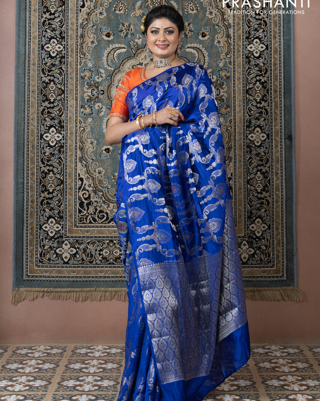 Banarasi poona silk saree blue and mango yellow with allover zari weaves in borderless style