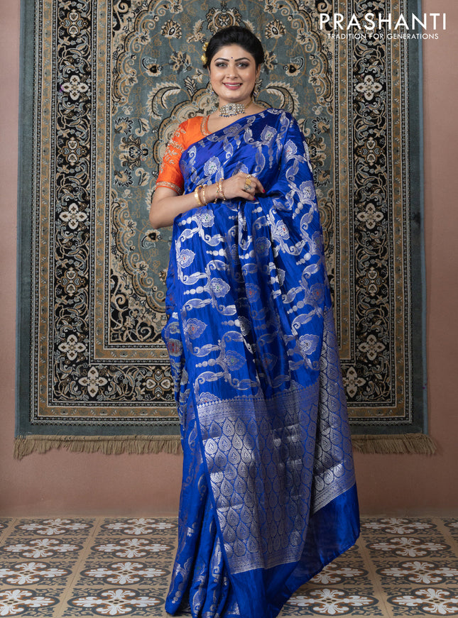 Banarasi poona silk saree blue and mango yellow with allover zari weaves in borderless style