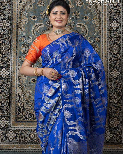 Banarasi poona silk saree blue and mango yellow with allover zari weaves in borderless style