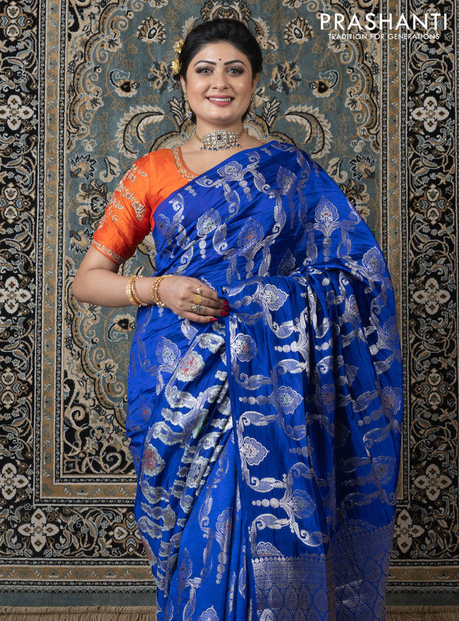 Banarasi poona silk saree blue and mango yellow with allover zari weaves in borderless style