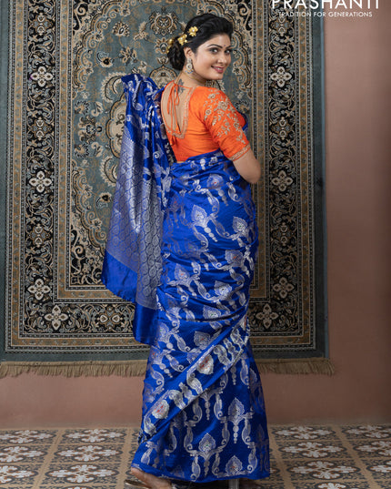 Banarasi poona silk saree blue and mango yellow with allover zari weaves in borderless style