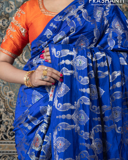 Banarasi poona silk saree blue and mango yellow with allover zari weaves in borderless style