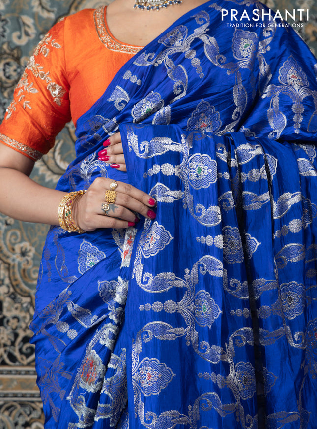 Banarasi poona silk saree blue and mango yellow with allover zari weaves in borderless style