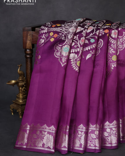 Banarasi poona silk saree purple and lime yellow with thread & zari weaves and floral design zari woven border