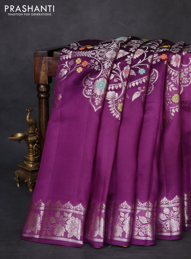 Banarasi poona silk saree purple and lime yellow with thread & zari weaves and floral design zari woven border