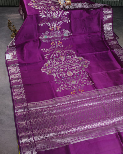 Banarasi poona silk saree purple and lime yellow with thread & zari weaves and floral design zari woven border