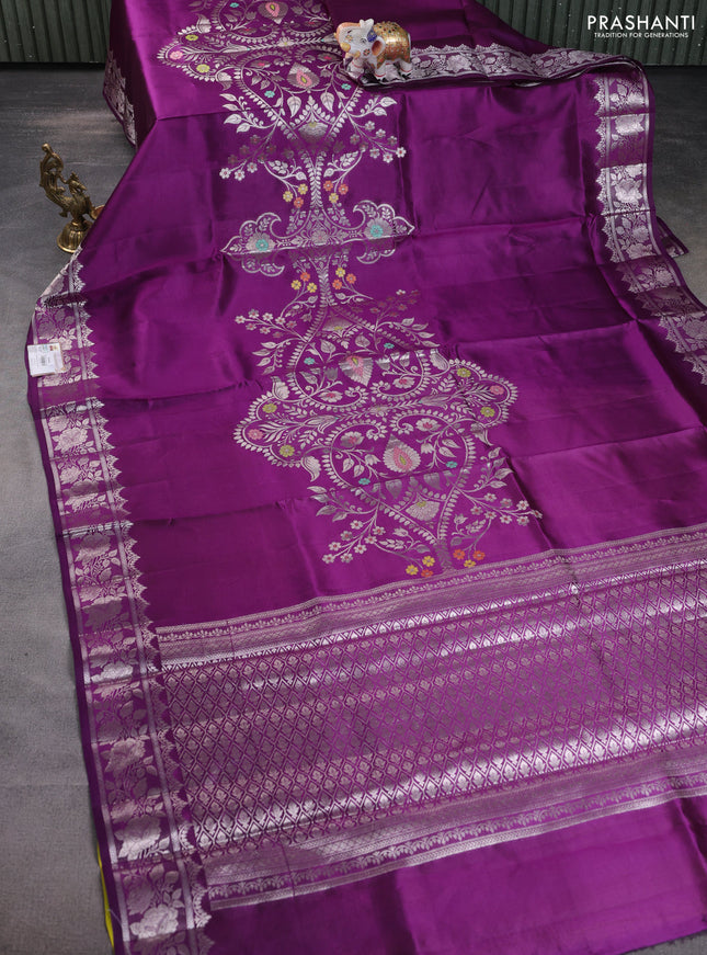 Banarasi poona silk saree purple and lime yellow with thread & zari weaves and floral design zari woven border