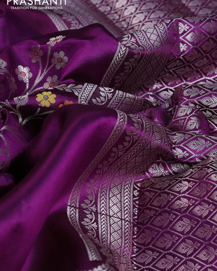 Banarasi poona silk saree purple and lime yellow with thread & zari weaves and floral design zari woven border
