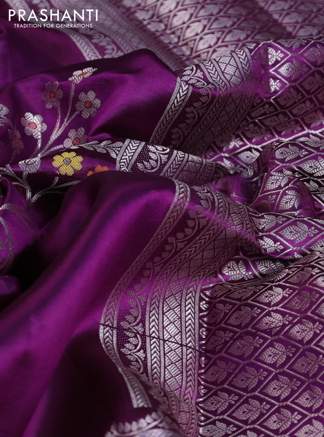 Banarasi poona silk saree purple and lime yellow with thread & zari weaves and floral design zari woven border