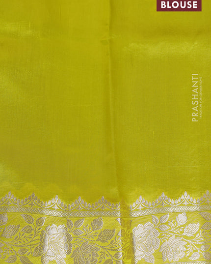 Banarasi poona silk saree purple and lime yellow with thread & zari weaves and floral design zari woven border