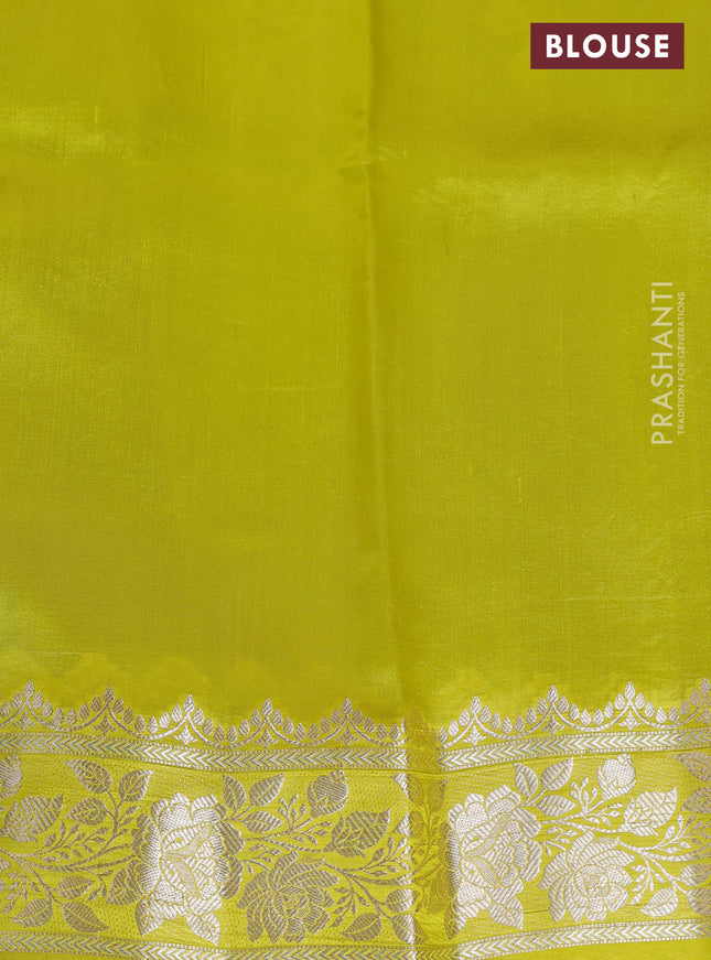 Banarasi poona silk saree purple and lime yellow with thread & zari weaves and floral design zari woven border