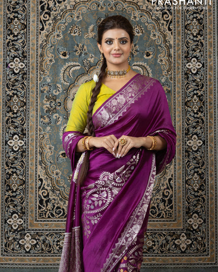 Banarasi poona silk saree purple and lime yellow with thread & zari weaves and floral design zari woven border