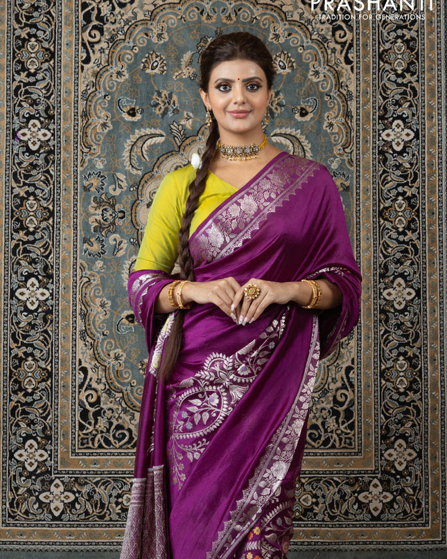 Banarasi poona silk saree purple and lime yellow with thread & zari weaves and floral design zari woven border