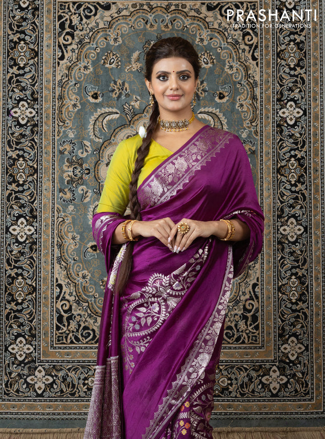 Banarasi poona silk saree purple and lime yellow with thread & zari weaves and floral design zari woven border