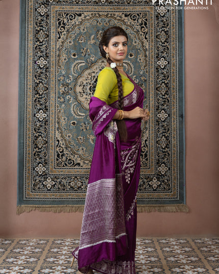 Banarasi poona silk saree purple and lime yellow with thread & zari weaves and floral design zari woven border