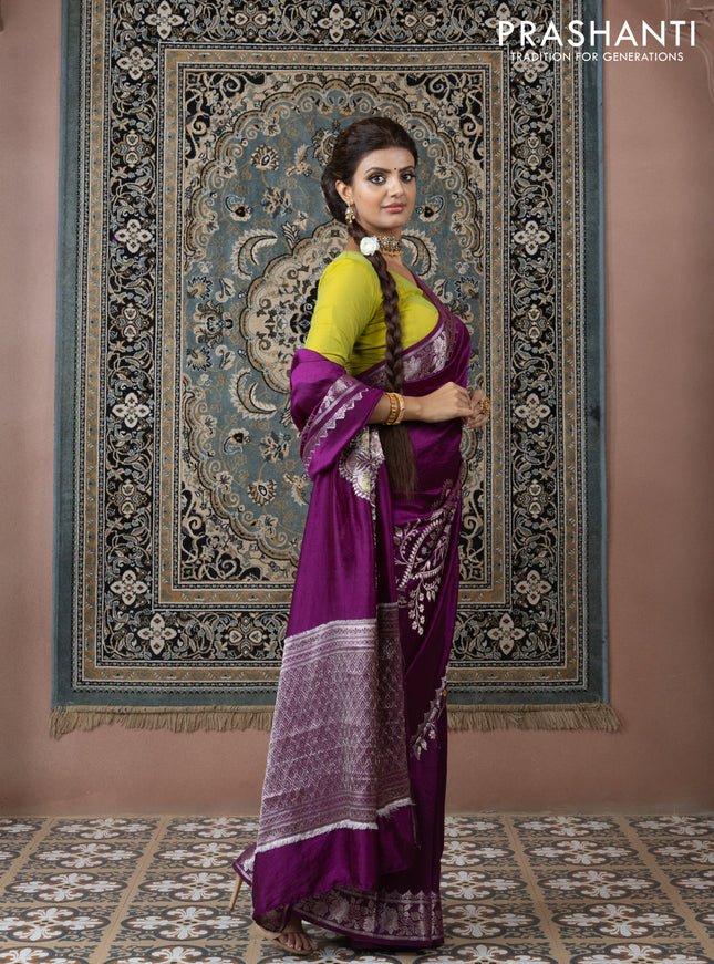 Banarasi poona silk saree purple and lime yellow with thread & zari weaves and floral design zari woven border