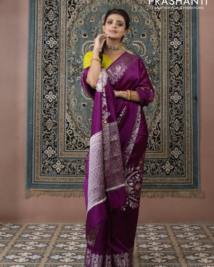 Banarasi poona silk saree purple and lime yellow with thread & zari weaves and floral design zari woven border