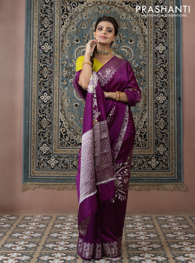 Banarasi poona silk saree purple and lime yellow with thread & zari weaves and floral design zari woven border