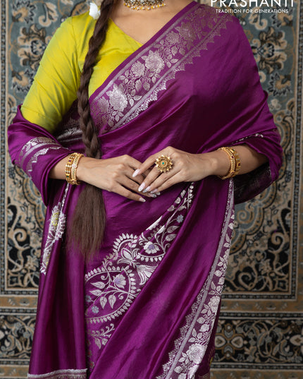 Banarasi poona silk saree purple and lime yellow with thread & zari weaves and floral design zari woven border