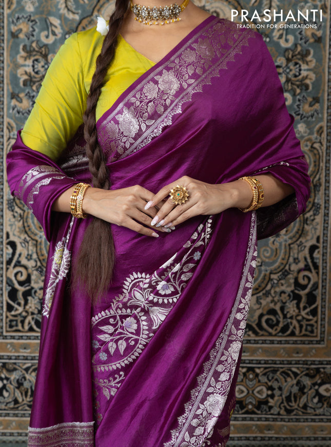 Banarasi poona silk saree purple and lime yellow with thread & zari weaves and floral design zari woven border