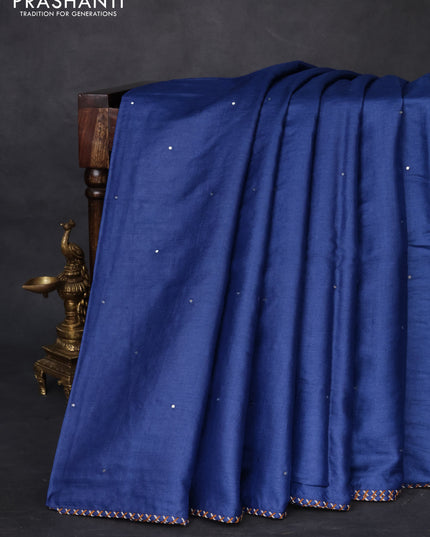 Tussar silk saree blue with centre placement style embroidery & mirror work and embroidery border