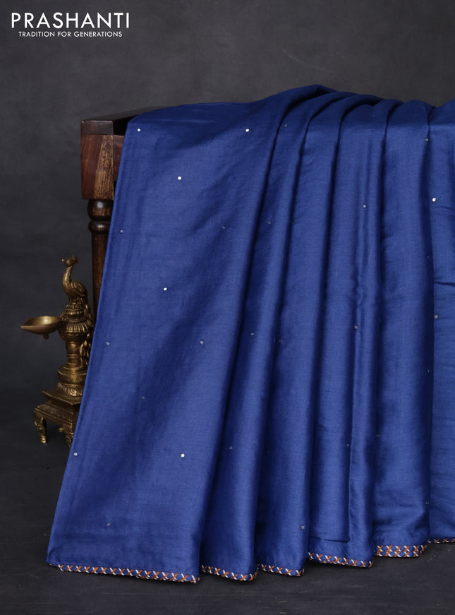 Tussar silk saree blue with centre placement style embroidery & mirror work and embroidery border