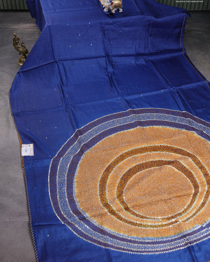 Tussar silk saree blue with centre placement style embroidery & mirror work and embroidery border