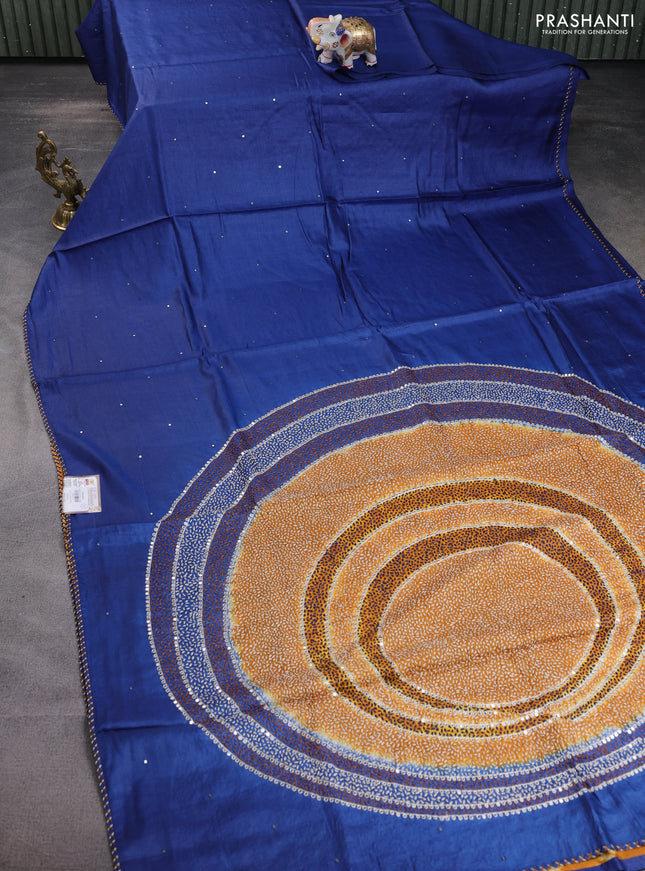 Tussar silk saree blue with centre placement style embroidery & mirror work and embroidery border