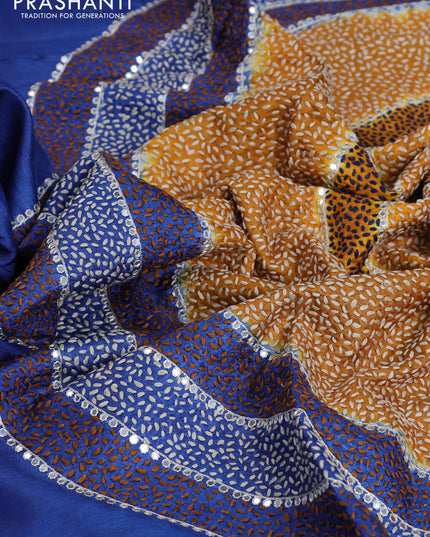 Tussar silk saree blue with centre placement style embroidery & mirror work and embroidery border