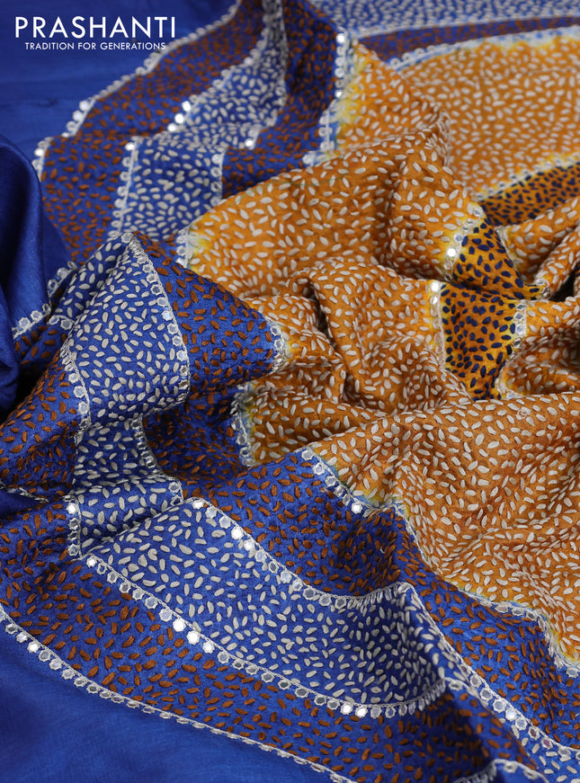 Tussar silk saree blue with centre placement style embroidery & mirror work and embroidery border