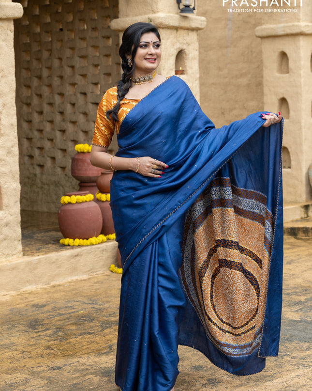 Tussar silk saree blue with centre placement style embroidery & mirror work and embroidery border