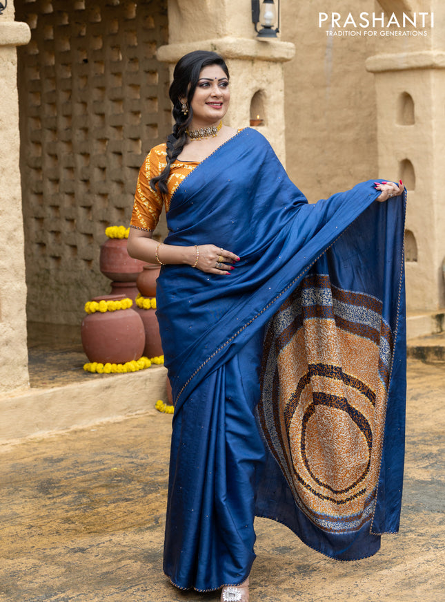 Tussar silk saree blue with centre placement style embroidery & mirror work and embroidery border