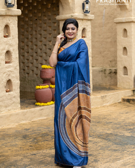 Tussar silk saree blue with centre placement style embroidery & mirror work and embroidery border