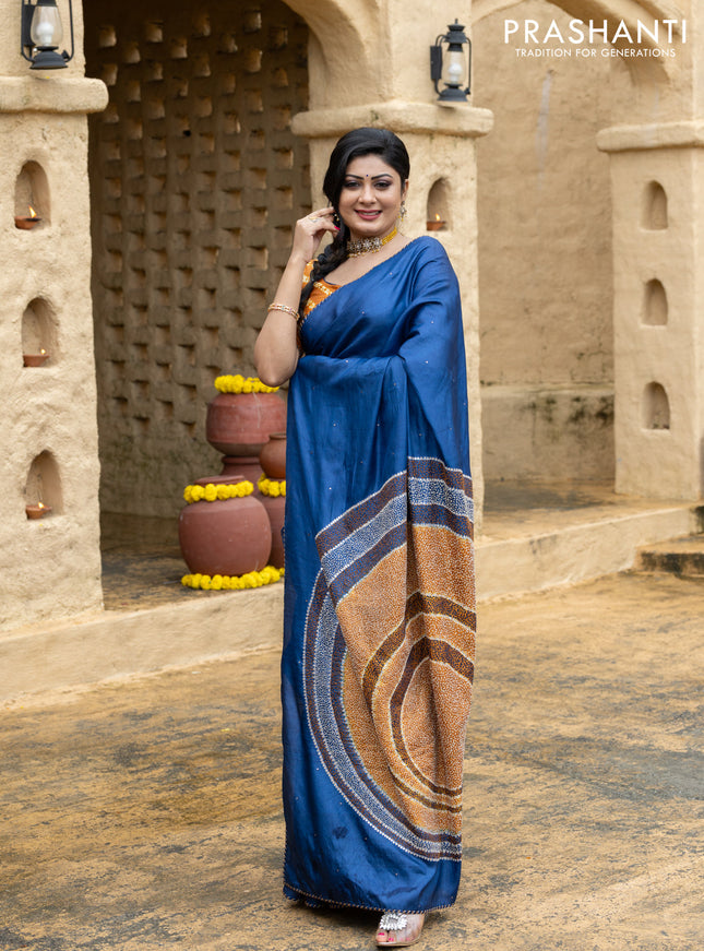 Tussar silk saree blue with centre placement style embroidery & mirror work and embroidery border